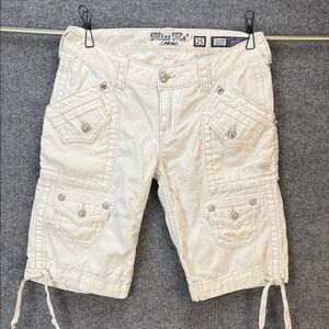 Miss Me Cream Linen/Cotton Cargo - Bermuda Shorts with Silver Accents Size 25
